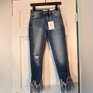 KanCan Birdie Mid Rise Fringe Hem Ankle Skinny Jeans